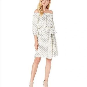 NEW MICHAEL Michael Kors Off The Shoulder Tie Waist Blue and Off White Dress L